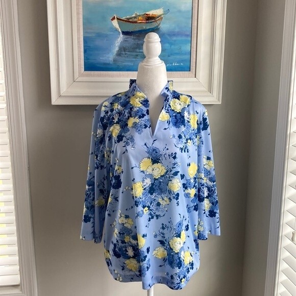 Vintage Bend Over Blue Yellow Floral Ruffle Vneck Blouse Large - Picture 1 of 11